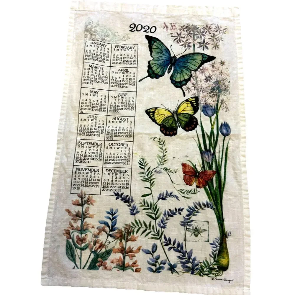 KITCHEN CALENDAR TEA TOWEL-LINEN Butterflies Garden Floral 2020 Susan Winget